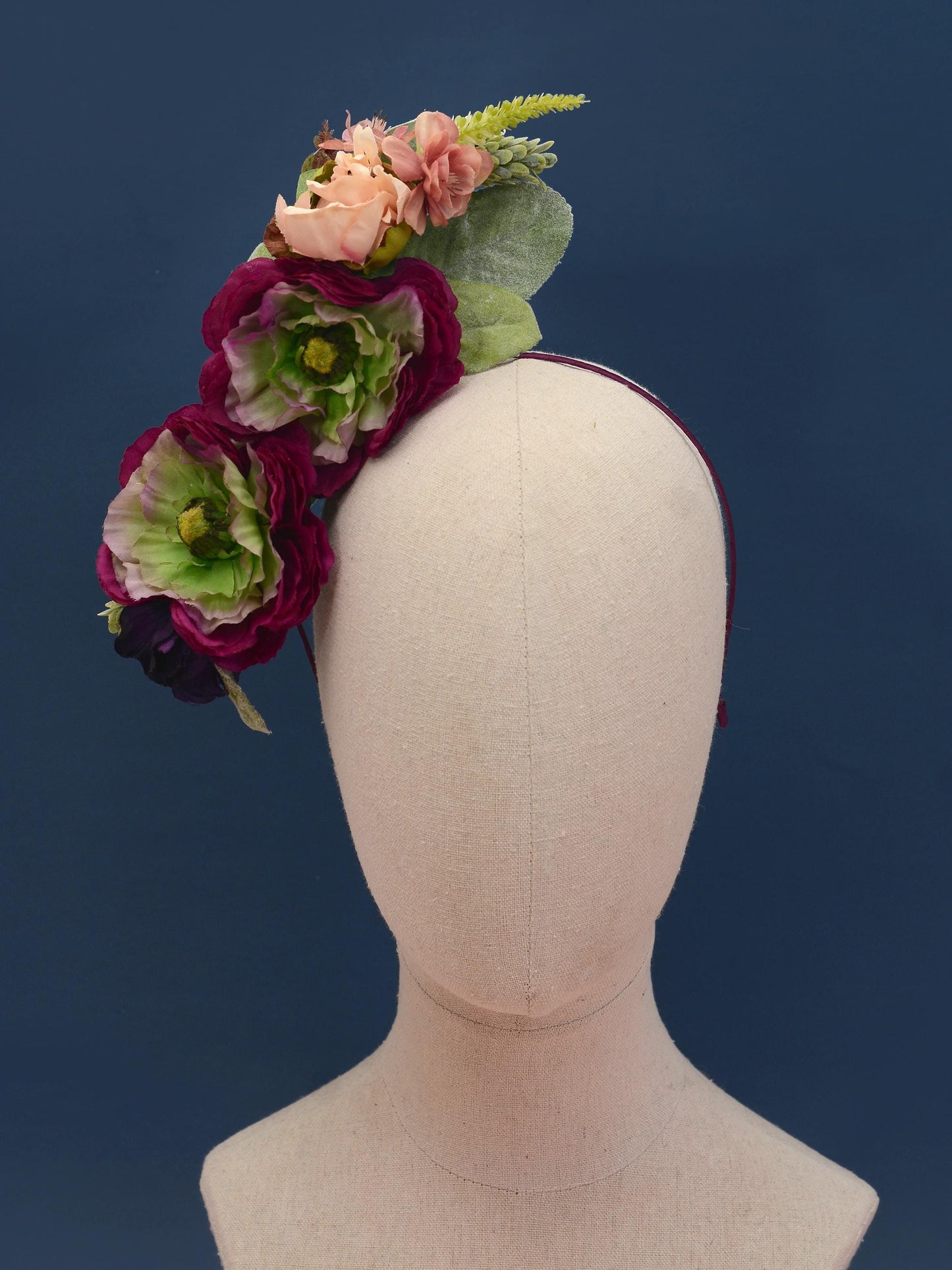Sculptural Plum and Peach Flower Headpiece | Flower Crown | Flower Headband | Wedding Headpiece | Races Headpiece