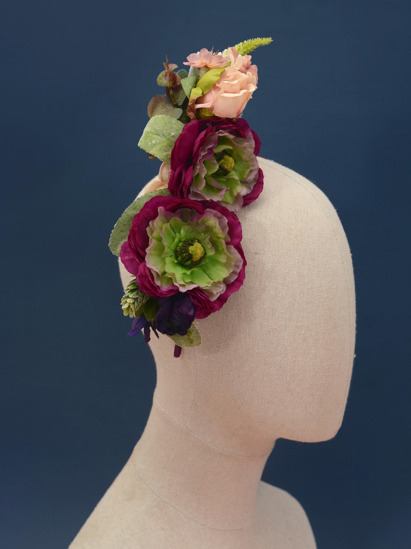 Sculptural Plum and Peach Flower Headpiece | Flower Crown | Flower Headband | Wedding Headpiece | Races Headpiece