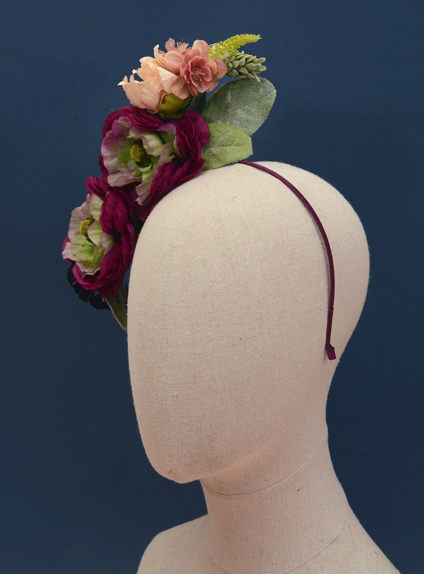 Sculptural Plum and Peach Flower Headpiece | Flower Crown | Flower Headband | Wedding Headpiece | Races Headpiece