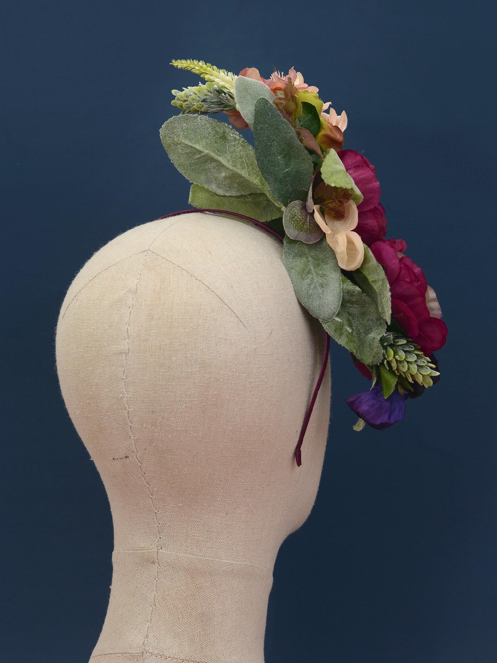 Sculptural Plum and Peach Flower Headpiece | Flower Crown | Flower Headband | Wedding Headpiece | Races Headpiece