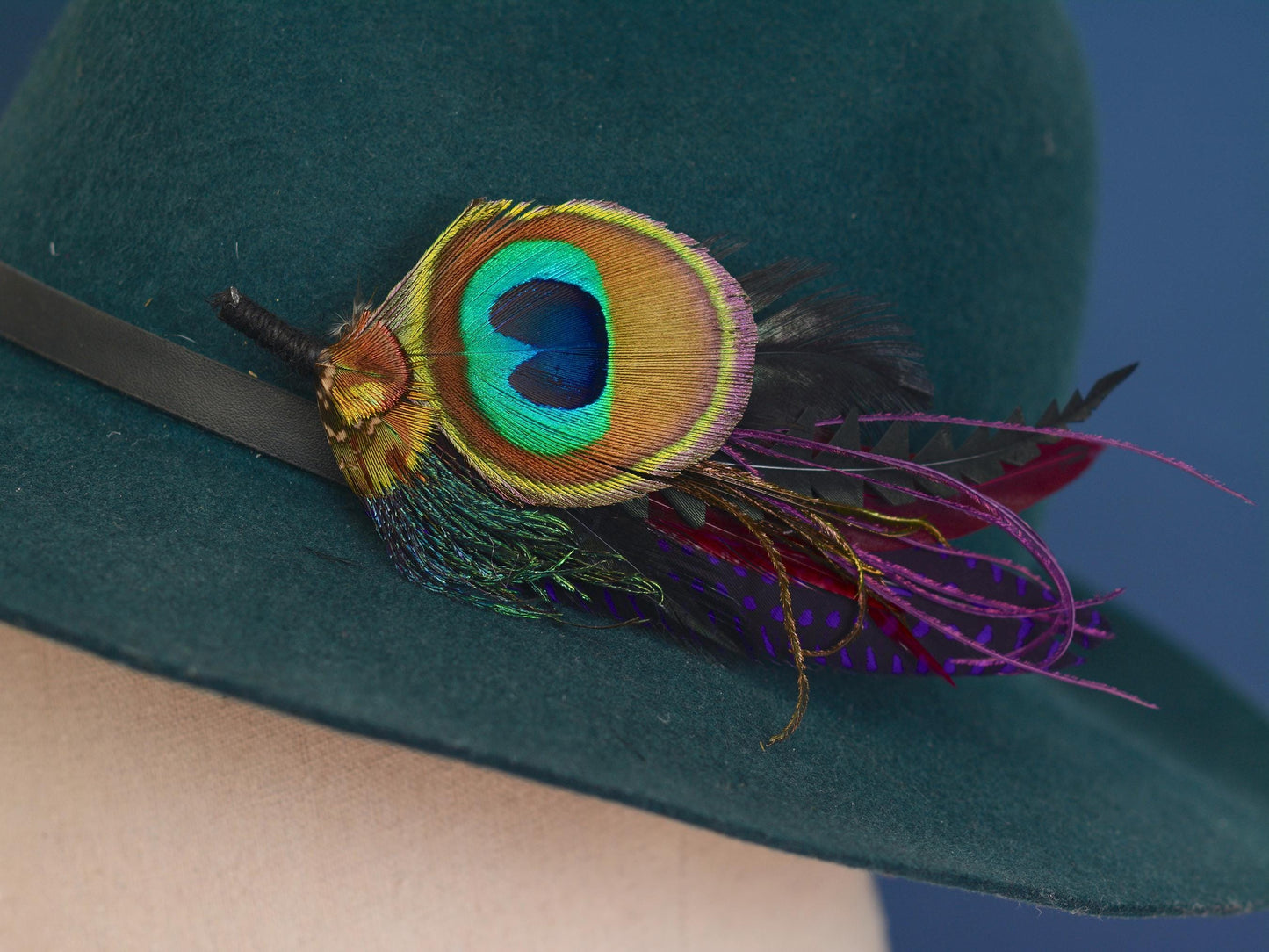 Purple and Peacock Feather Boutonniere No.325 | Feather Hat Pin
