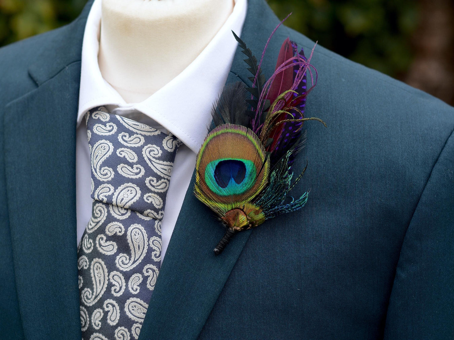 Purple and Peacock Feather Boutonniere No.325 | Feather Hat Pin