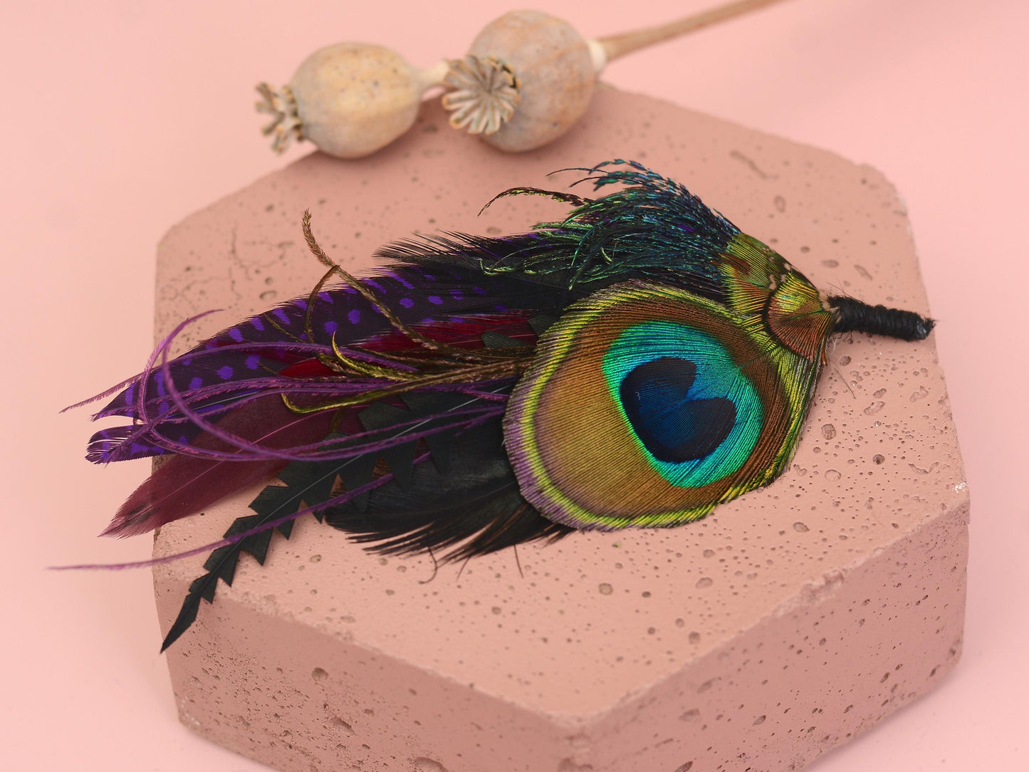 Purple and Peacock Feather Boutonniere No.325 | Feather Hat Pin
