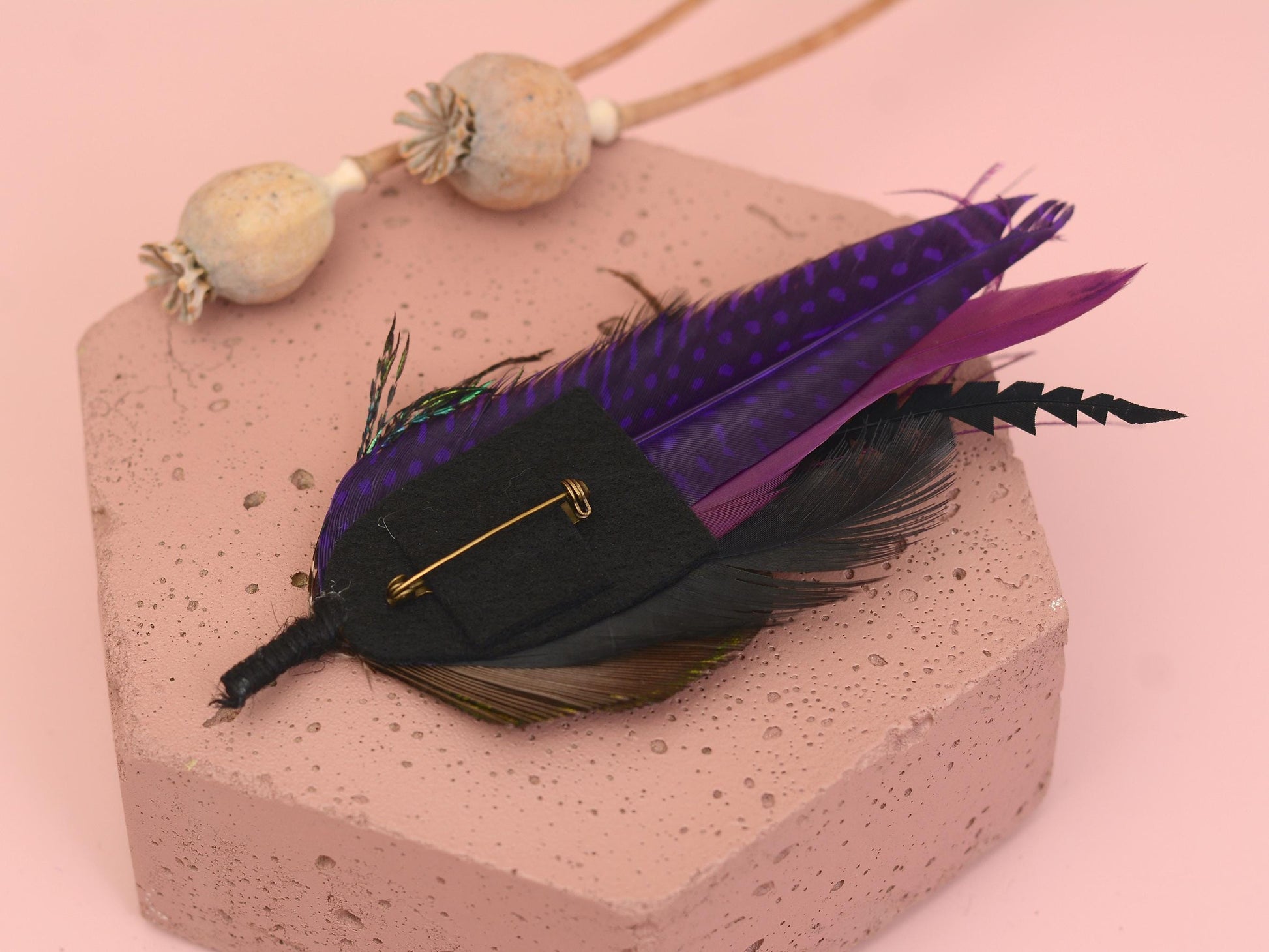 Purple and Peacock Feather Boutonniere No.325 | Feather Hat Pin