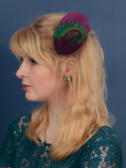 Purple and Peacock Feather Hair Clip No.24 | Peacock Feather Fascinator | Peacock Feather Headpiece | Bridesmaid Hair Clip | Wedding