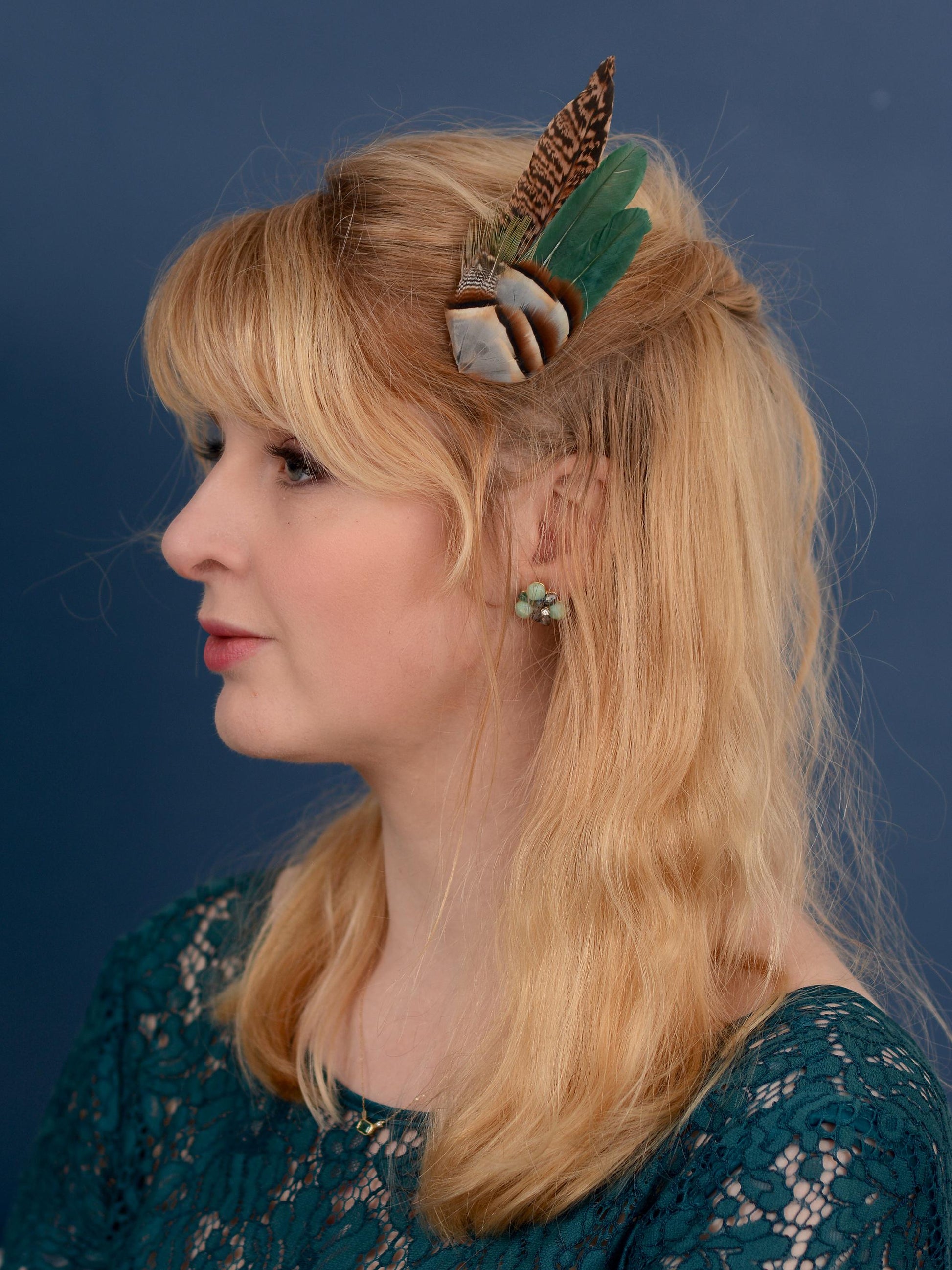 Green Partridge and Pheasant Feather Hair Clip / Boutonniere Set | Pheasant Feather Fascinator | Bridesmaid Hair Clip