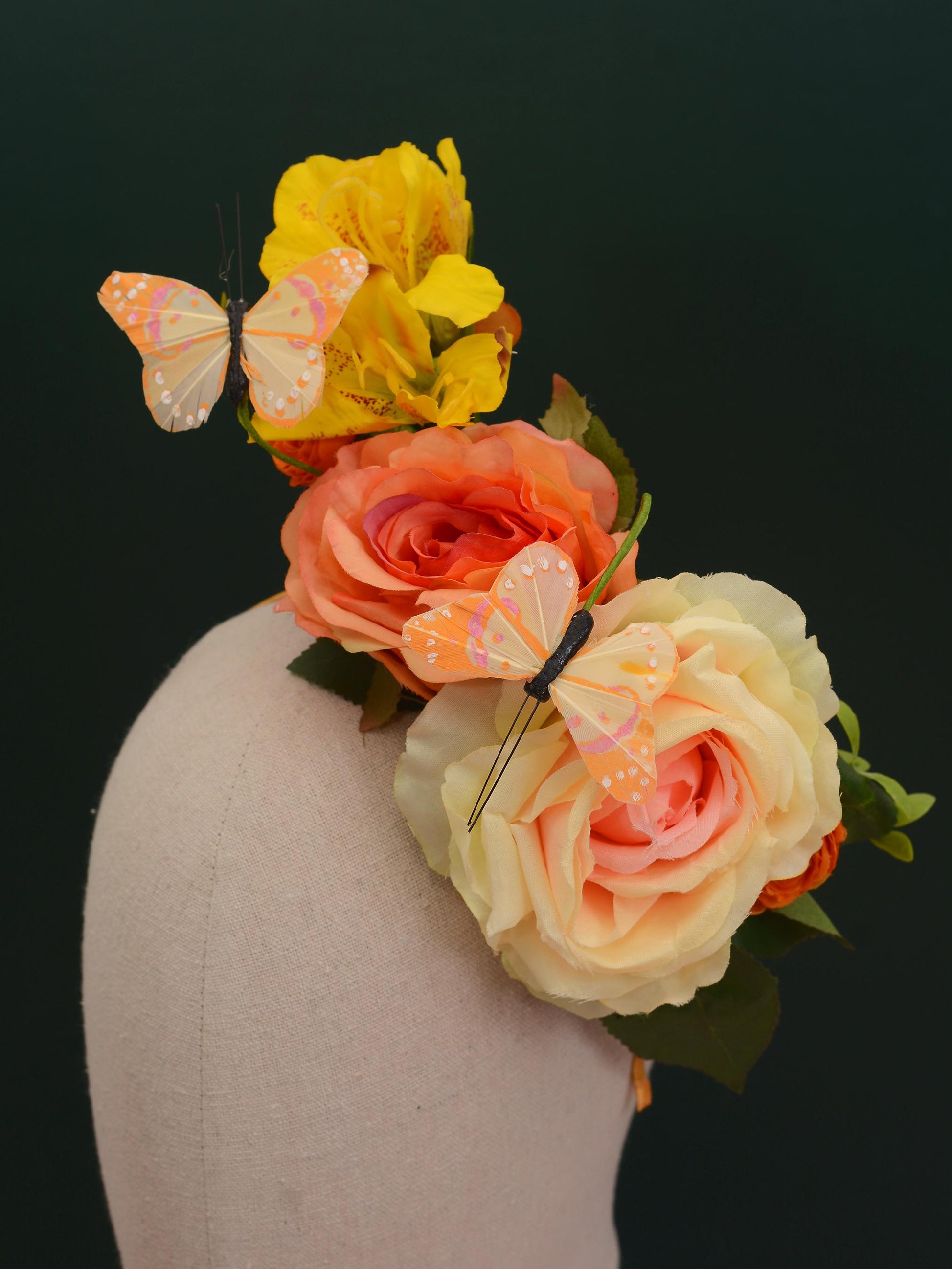 Sculptural Roses and Butterflies Headpiece in Yellow and Orange | Flower Crown | Flower Headband | Wedding Headpiece | Races Headpiece