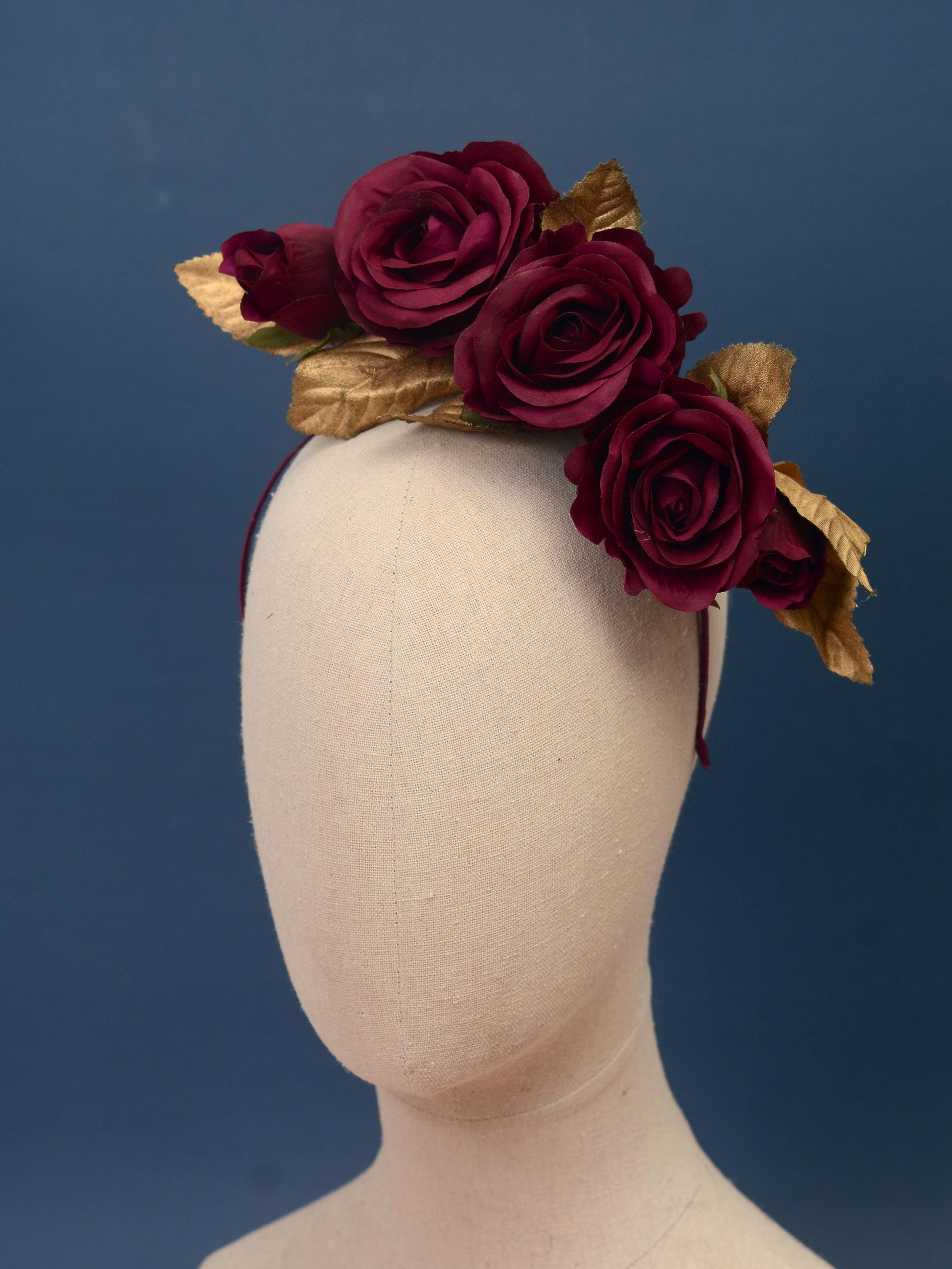 Plum Purple and Gold Floating Roses Headpiece | Flower Headband | Flower Fascinator | Bridal Headpiece | Wedding Headpiece | Races Headpiece
