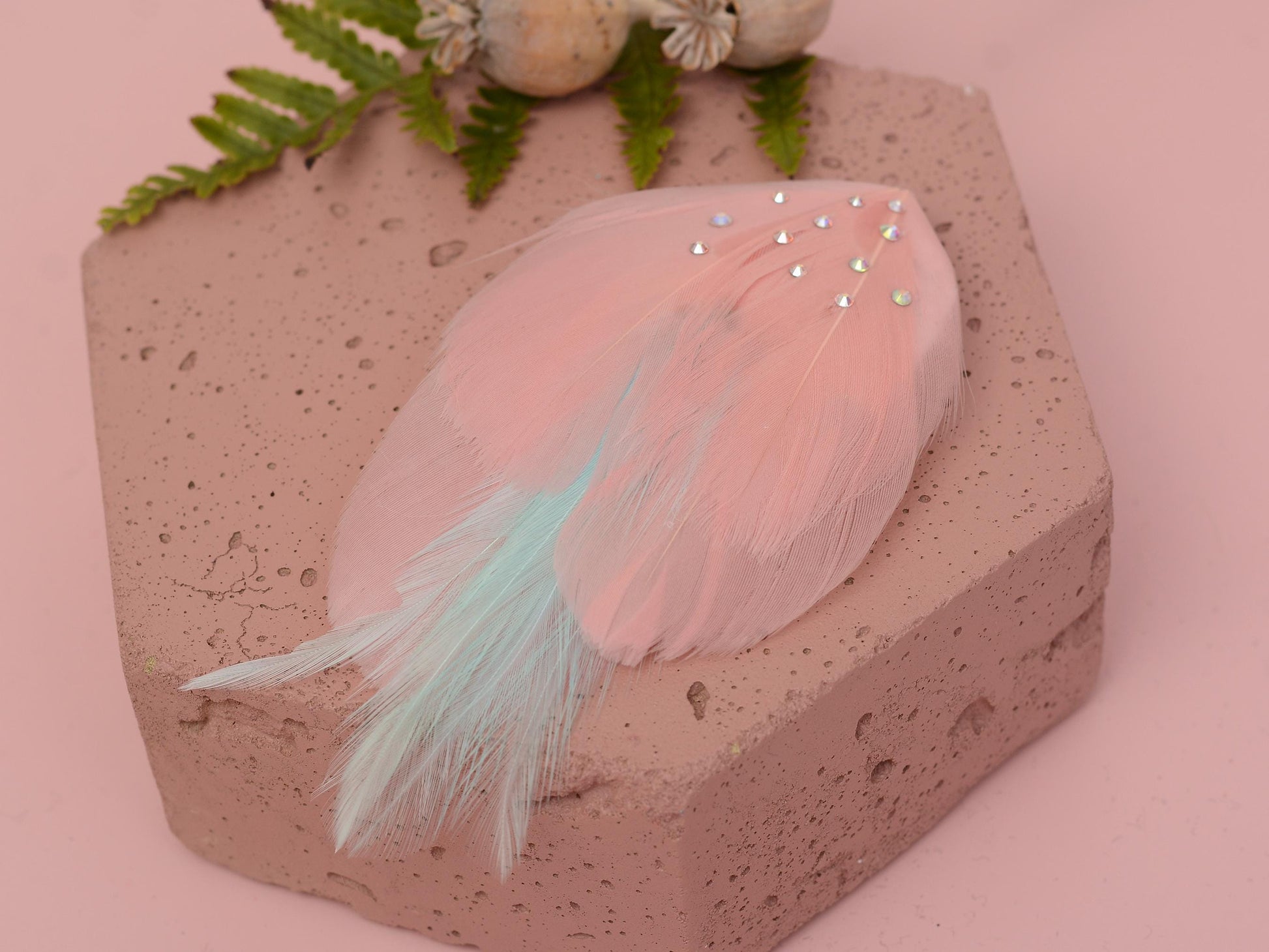 Feather Hair Clip in Vintage Pink and Mint with Crystal Embellishment | Feather Fascinator | Feather Headpiece | Bridal Hair Clip