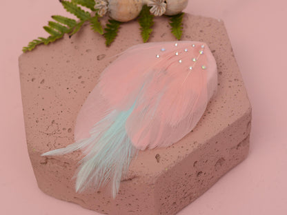 Feather Hair Clip in Vintage Pink and Mint with Crystal Embellishment | Feather Fascinator | Feather Headpiece | Bridal Hair Clip