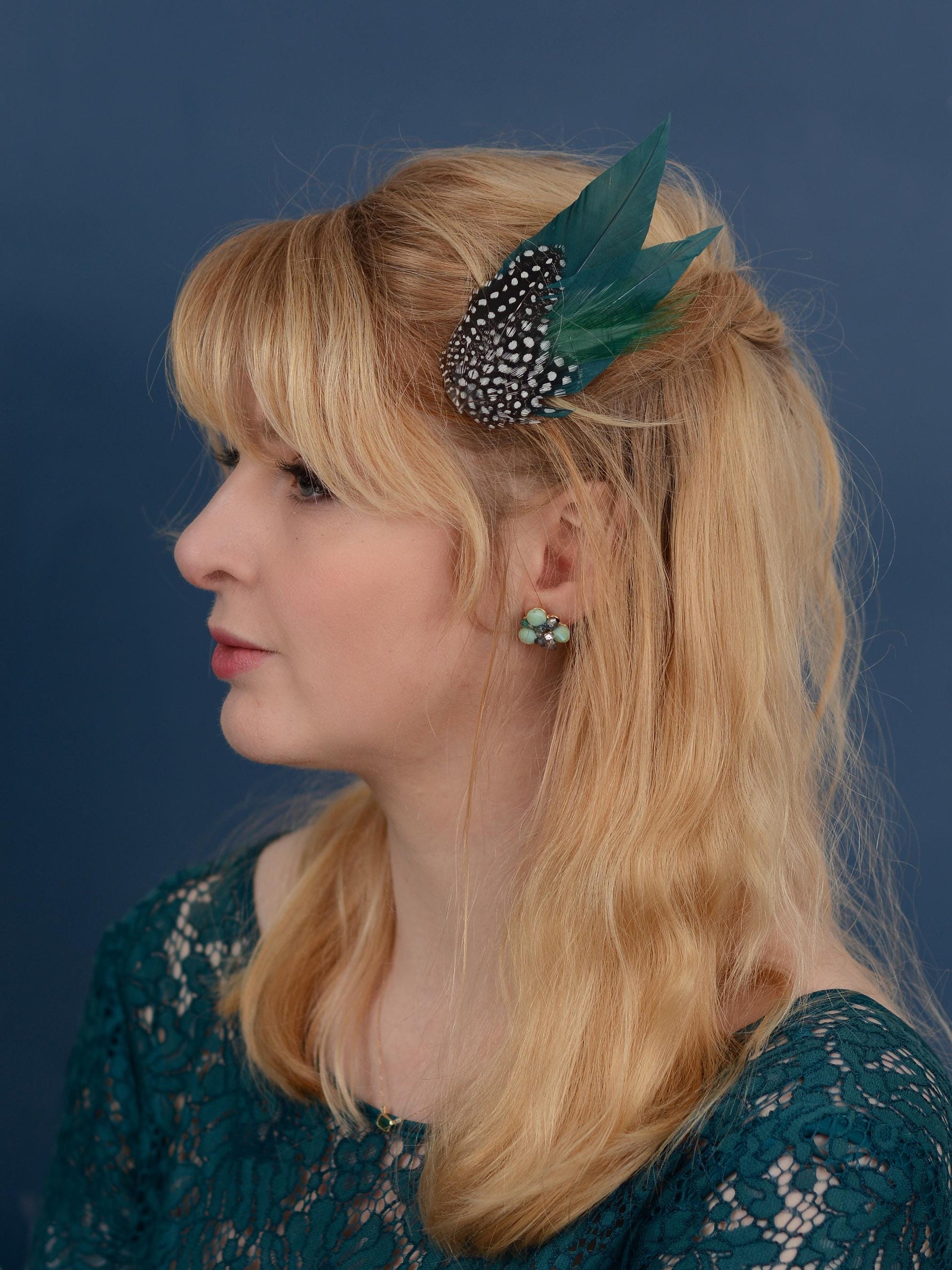 Deep Green Feather Hair Clip with Polka Dots, Green Feather Hair Piece