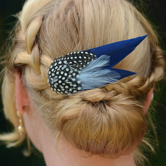 Navy Blue and Polka Dot Feather Hair Clip | Blue Feather Fascinator | Blue Feather Headpiece | Wedding Fascinator | Bridal Headpiece