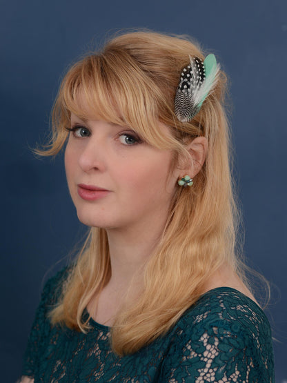 Feather Hair Clip in Mint Green and Polka Dot | Mint Feather Hair Clip | Mint Feather Headpiece | Wedding Fascinator | Bridal Headpiece