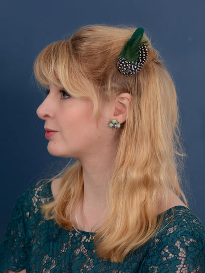 Feather Hair Clip in Bottle Green and Polka Dot | Green Feather Hair Clip | Green Feather Headpiece | Wedding Fascinator
