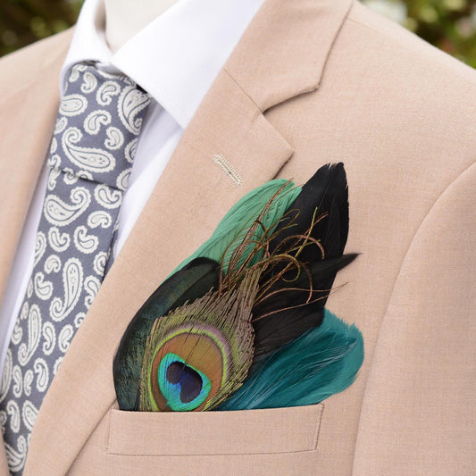 Shades of Green and Black Peacock Feather Pocket Square No.221 | Suit Accessory | Feather Neck Tie | Grooms Outfit