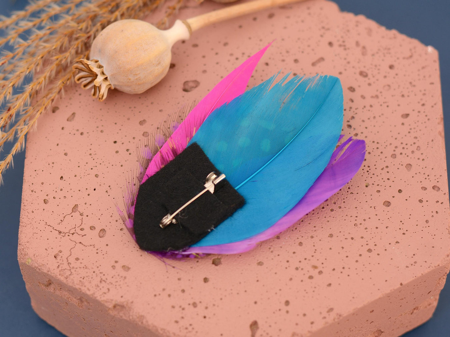 Purple, Pink, Blue and Yellow Feather Hat Pin Small No.85 | Purple Feather Boutonniere | Bright Feather Brooch | Feather Lapel Pin