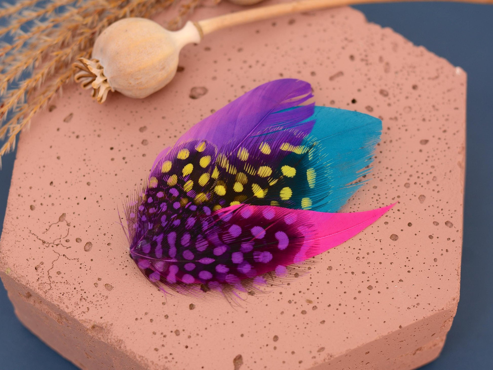Purple, Pink, Blue and Yellow Feather Hat Pin Small No.85 | Purple Feather Boutonniere | Bright Feather Brooch | Feather Lapel Pin