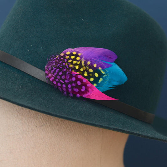 Purple, Pink, Blue and Yellow Feather Hat Pin Small No.85 | Purple Feather Boutonniere | Bright Feather Brooch | Feather Lapel Pin