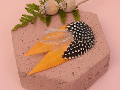 Mustard Yellow and Polka Dot Feather Hair Clip | Yellow Feather Fascinator | Gold Yellow Feather Headpiece | Wedding Fascinator