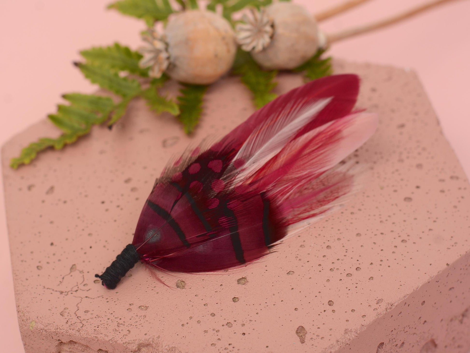 Berry Burgundy and Blush Pink Boutonniere No.123 | Burgundy Feather Hat Pin | Feather Brooch | Feather Lapel Pin