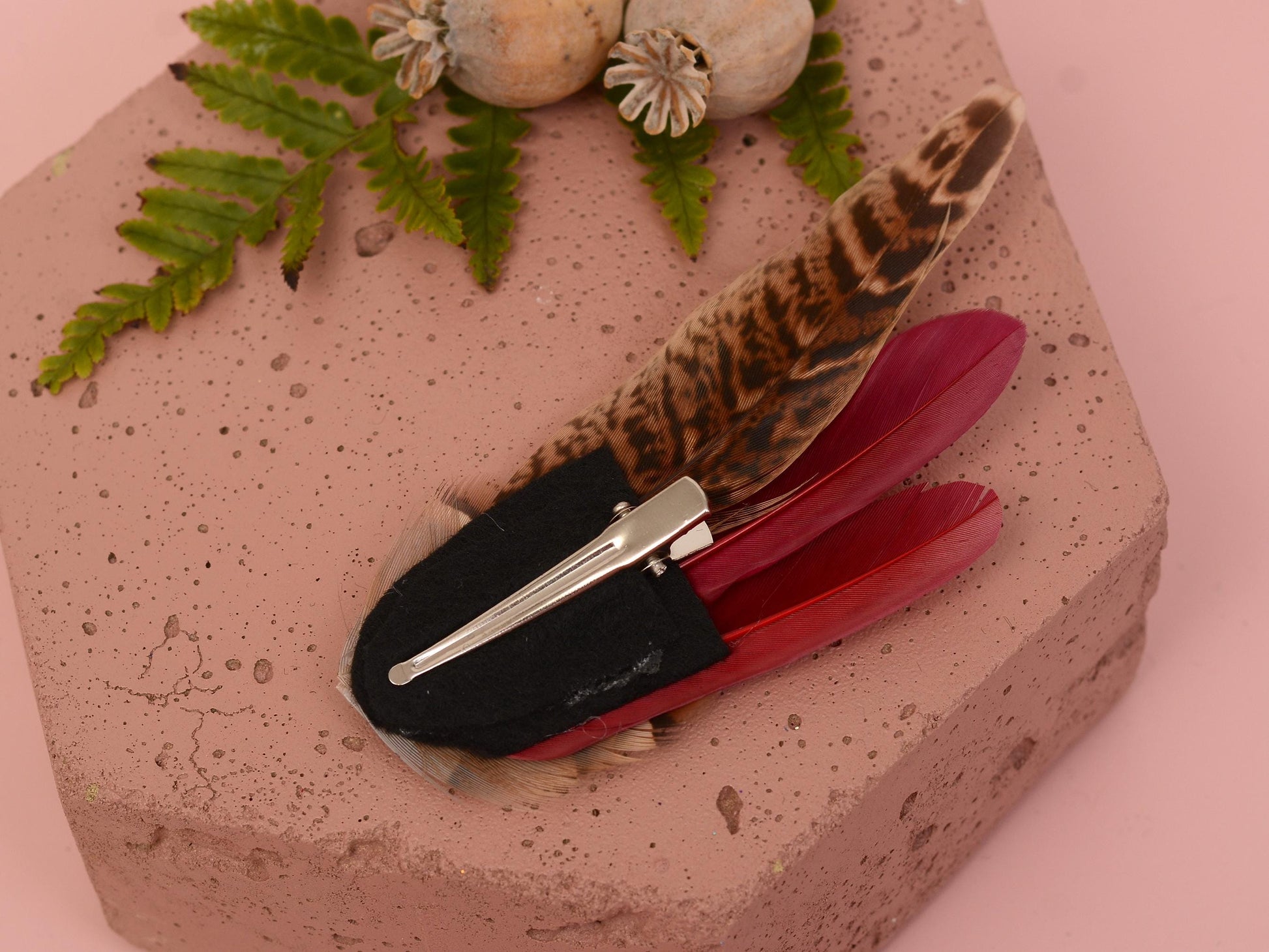 Burgundy, Partridge and Pheasant Feather Hair Clip | Pheasant Feather Fascinator | Feather Headpiece | Bridesmaid Hair Clip