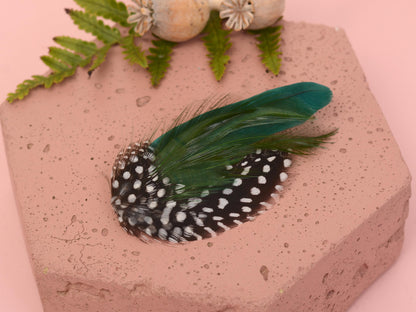 Feather Hair Clip in Bottle Green and Polka Dot | Green Feather Hair Clip | Green Feather Headpiece | Wedding Fascinator