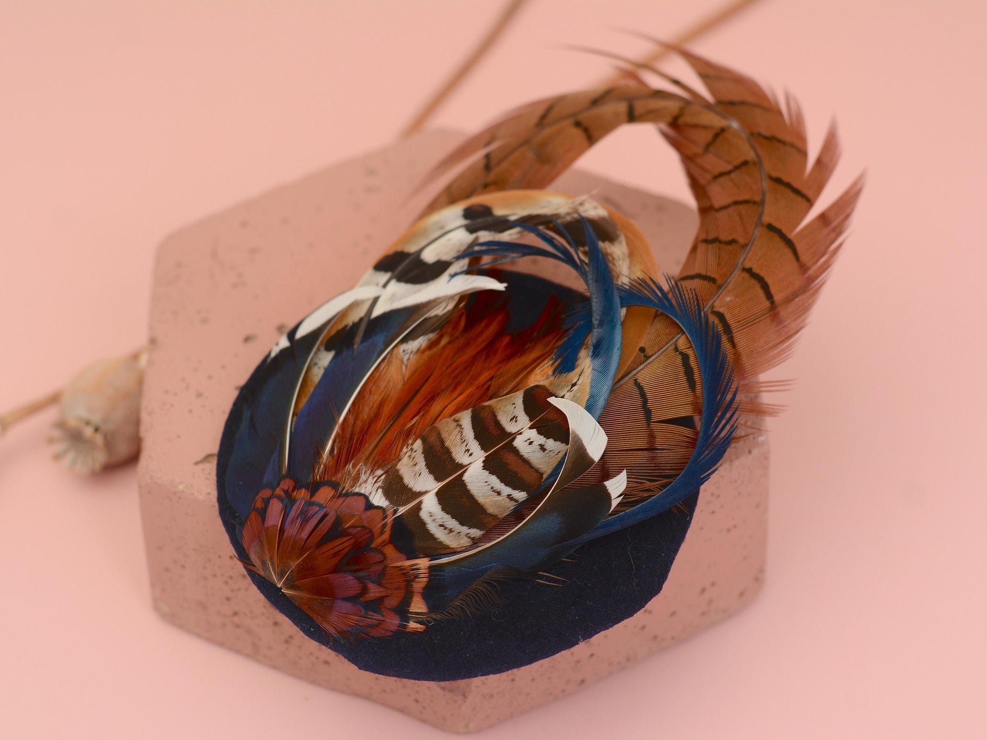 Pheasant and Duck Feather Fascinator in Navy Blue Velvet | Pheasant Feather Hat | Green Fascinator | Wedding Fascinator