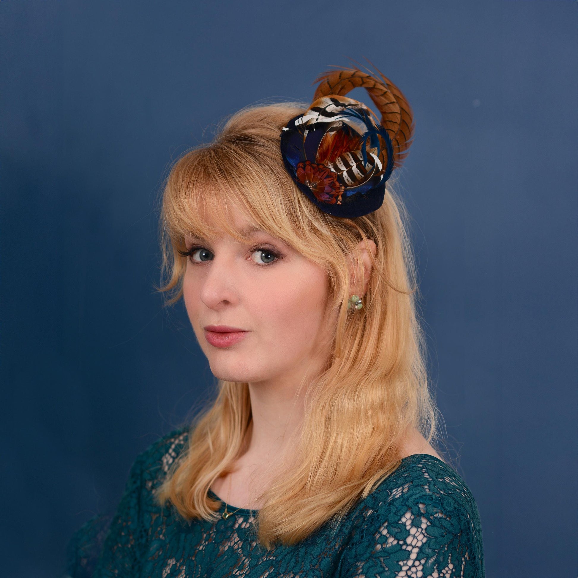 Pheasant and Duck Feather Fascinator in Navy Blue Velvet | Pheasant Feather Hat | Green Fascinator | Wedding Fascinator