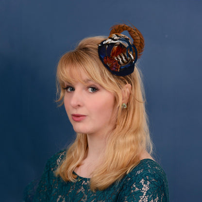 Pheasant and Duck Feather Fascinator in Navy Blue Velvet | Pheasant Feather Hat | Green Fascinator | Wedding Fascinator