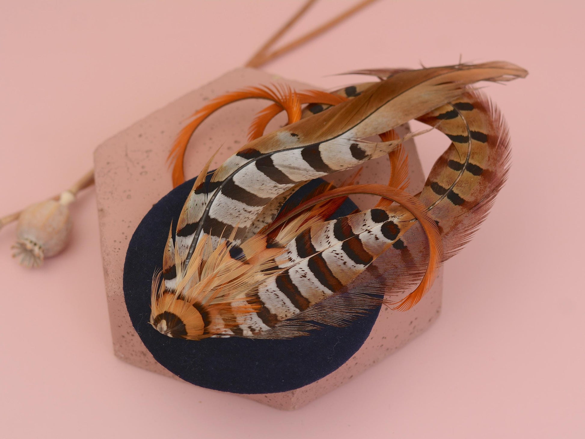 Copper Pheasant Feather Fascinator in Navy Blue Velvet | Pheasant Feather Hat | Green Fascinator | Wedding Fascinator