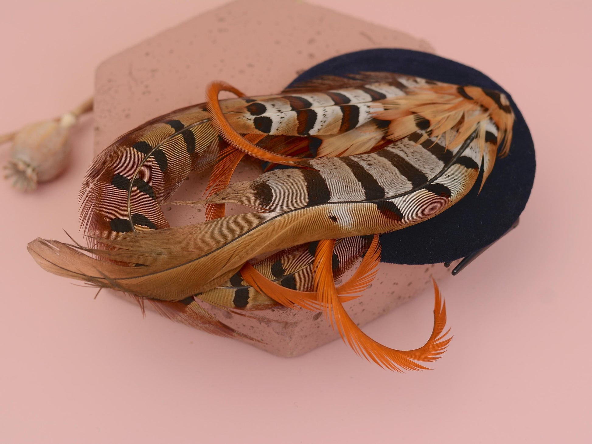 Copper Pheasant Feather Fascinator in Navy Blue Velvet | Pheasant Feather Hat | Green Fascinator | Wedding Fascinator