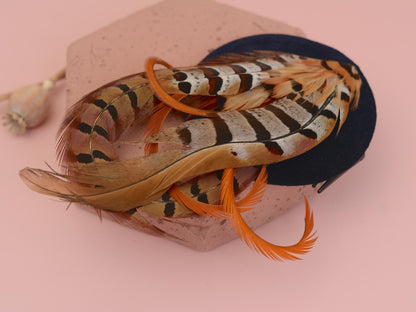 Copper Pheasant Feather Fascinator in Navy Blue Velvet | Pheasant Feather Hat | Green Fascinator | Wedding Fascinator