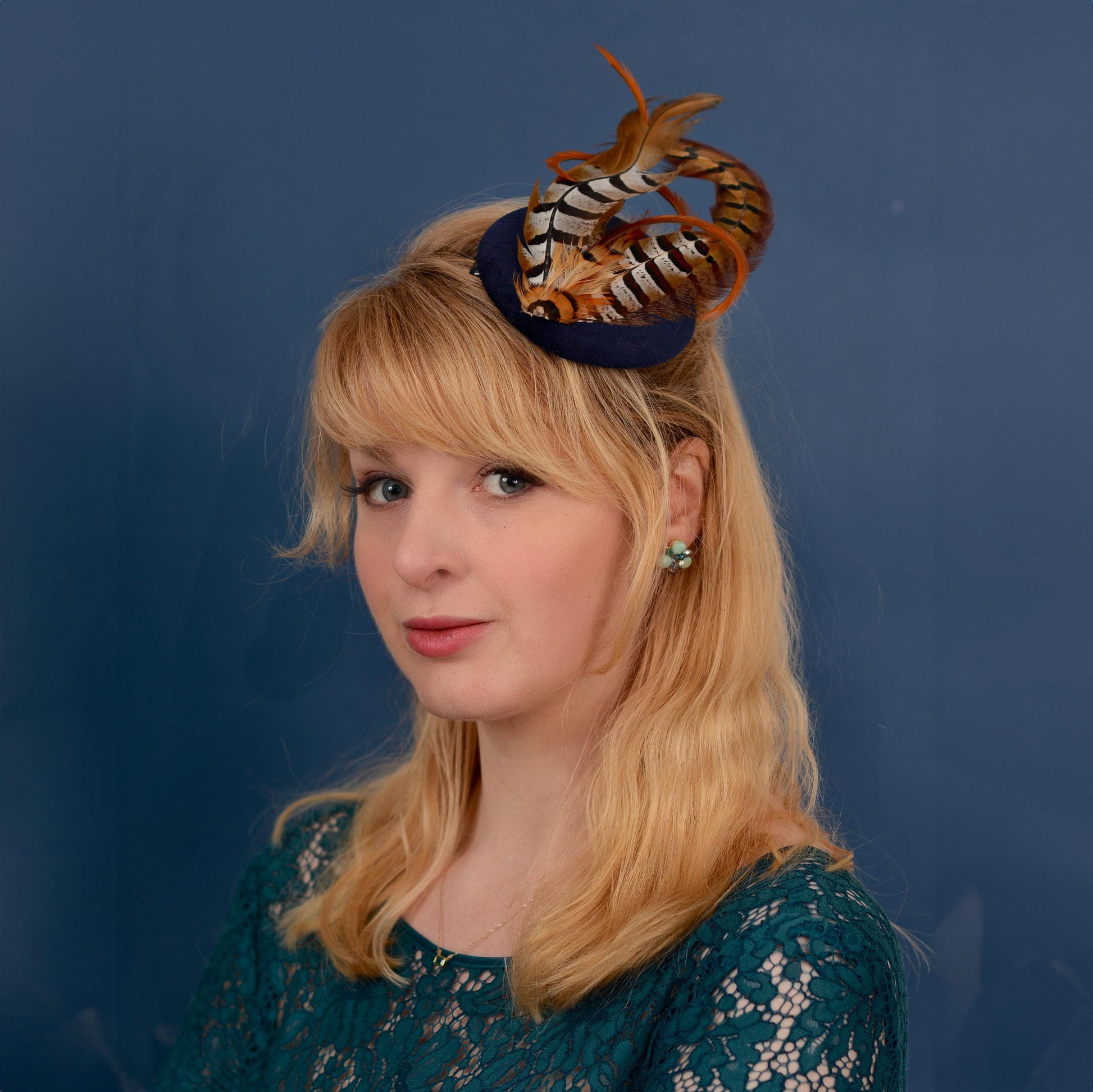 Copper Pheasant Feather Fascinator in Navy Blue Velvet | Pheasant Feather Hat | Green Fascinator | Wedding Fascinator