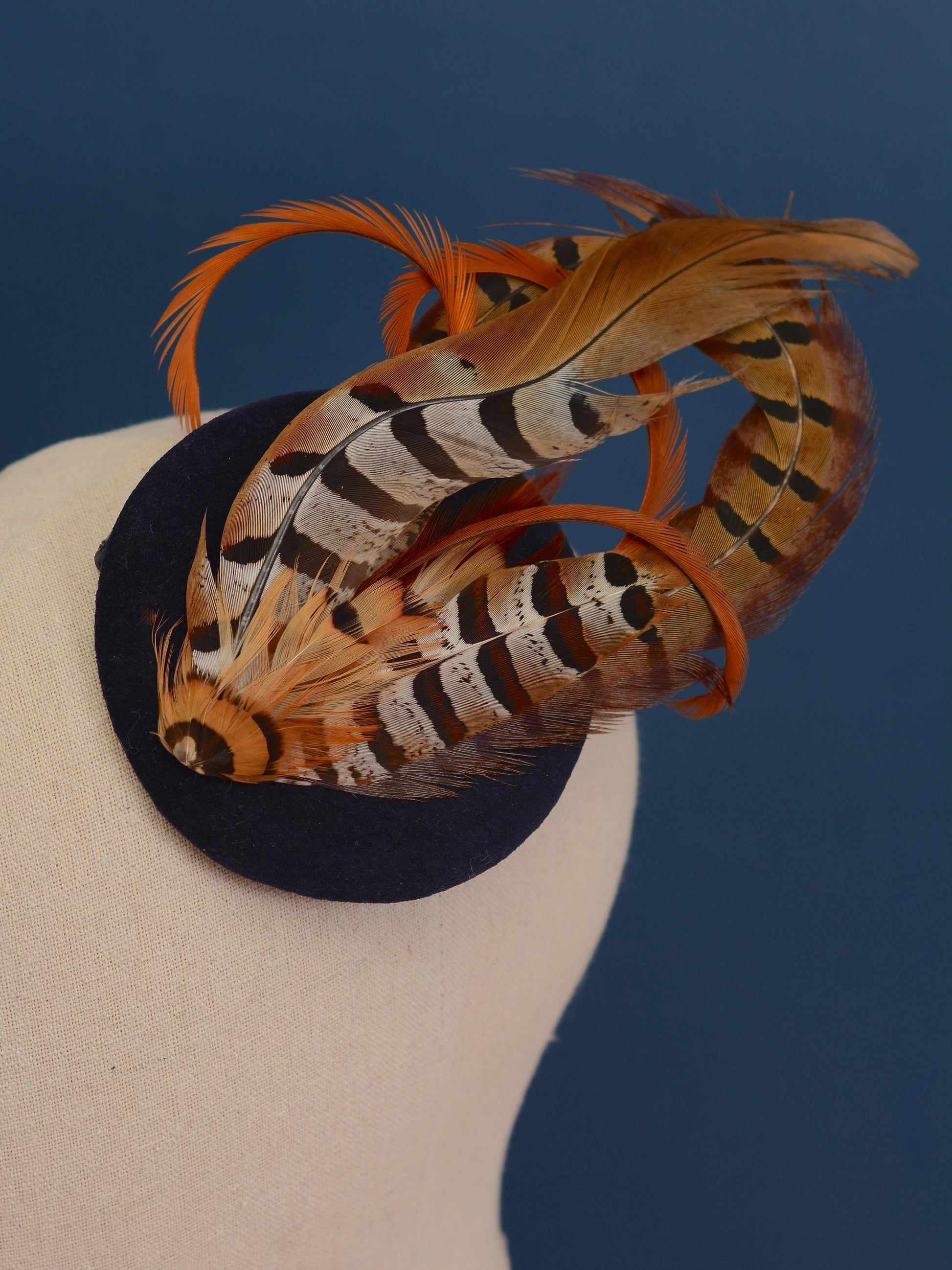 Copper Pheasant Feather Fascinator in Navy Blue Velvet | Pheasant Feather Hat | Green Fascinator | Wedding Fascinator