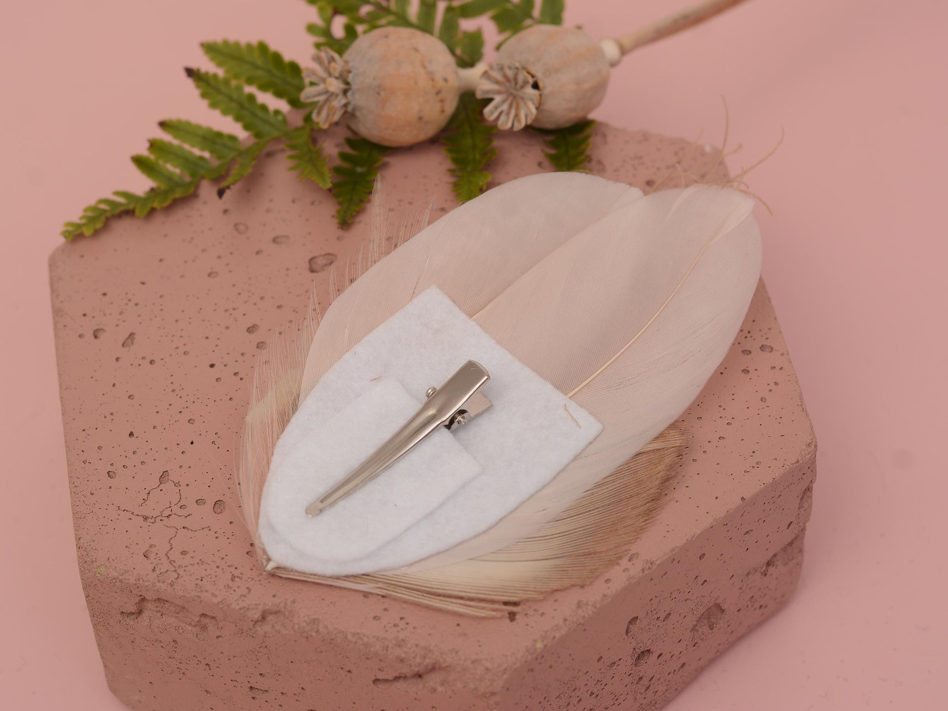 Feather Hair Clip in Golden Blush Pink and Antique Ivory Peacock | Bridal Feather Hair Clip | Blush Feather Fascinator