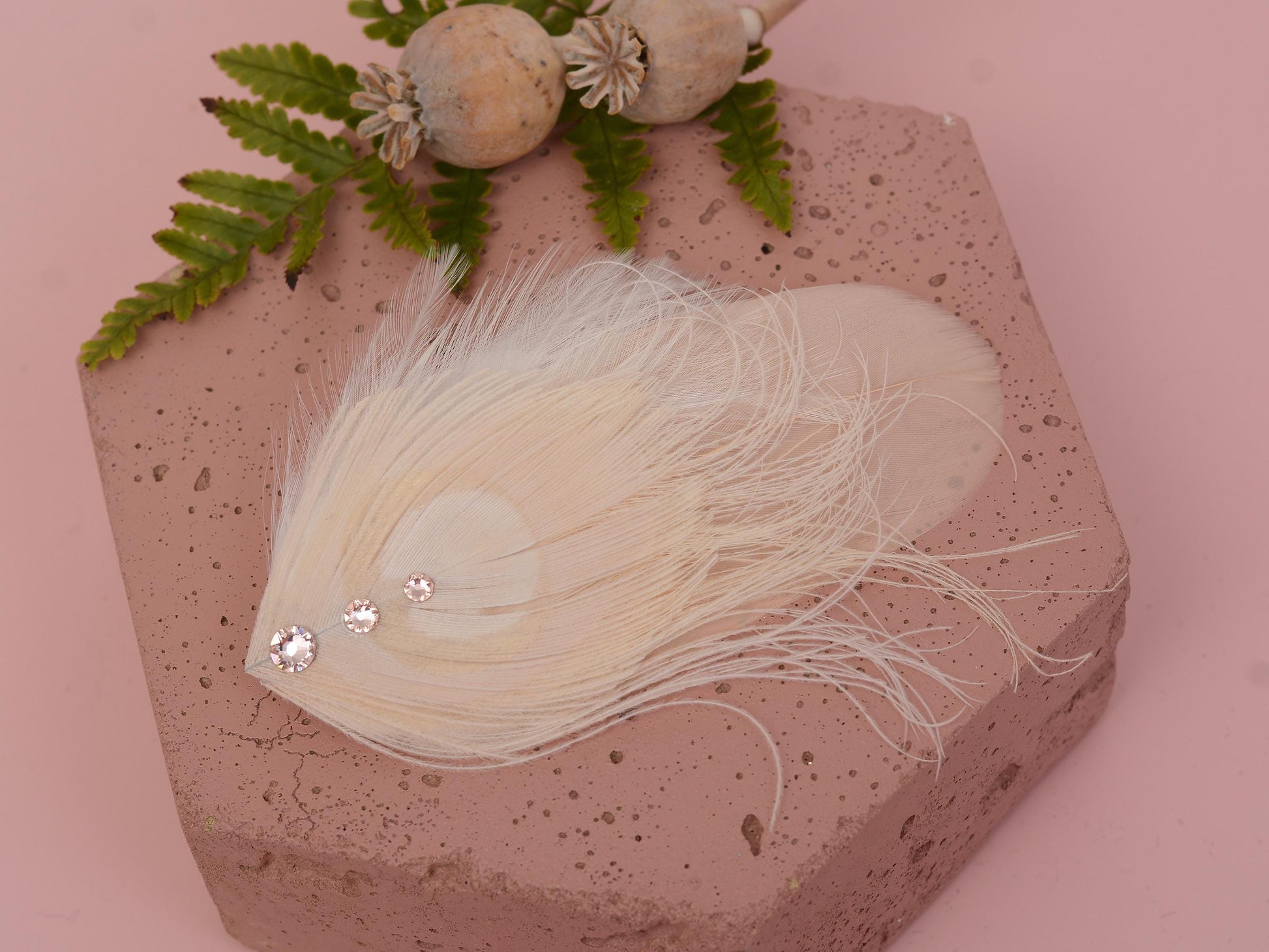 Feather Fascinator in Blush Pink and Ivory Peacock with Swarovski Crystal Detail | Bridal Feather Hair Clip | Blush Feather Hair Clip
