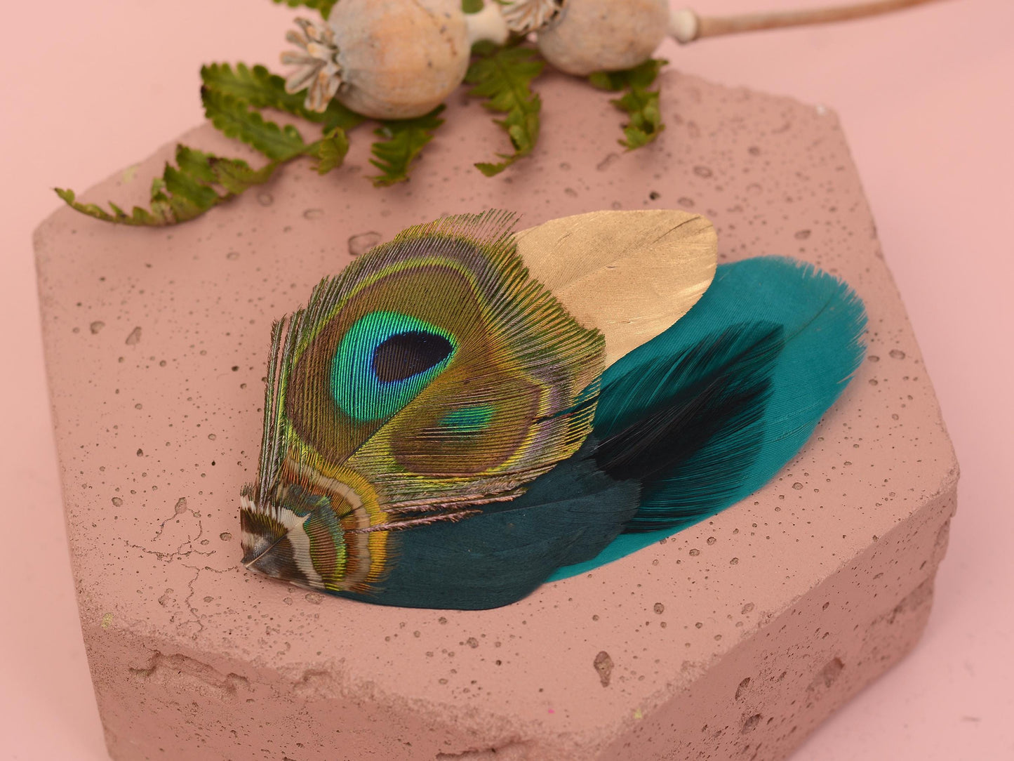 Teal and Gold Peacock Feather Lapel Pin / Hat Pin No.98 | Unique Feather Boutonniere | Peacock Feather Brooch