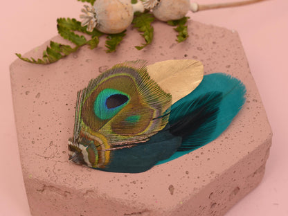 Teal and Gold Peacock Feather Lapel Pin / Hat Pin No.98 | Unique Feather Boutonniere | Peacock Feather Brooch