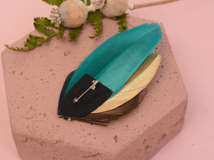 Teal and Gold Peacock Feather Lapel Pin / Hat Pin No.98 | Unique Feather Boutonniere | Peacock Feather Brooch