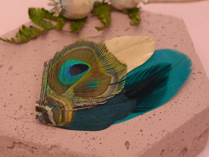 Teal and Gold Peacock Feather Lapel Pin / Hat Pin No.98 | Unique Feather Boutonniere | Peacock Feather Brooch