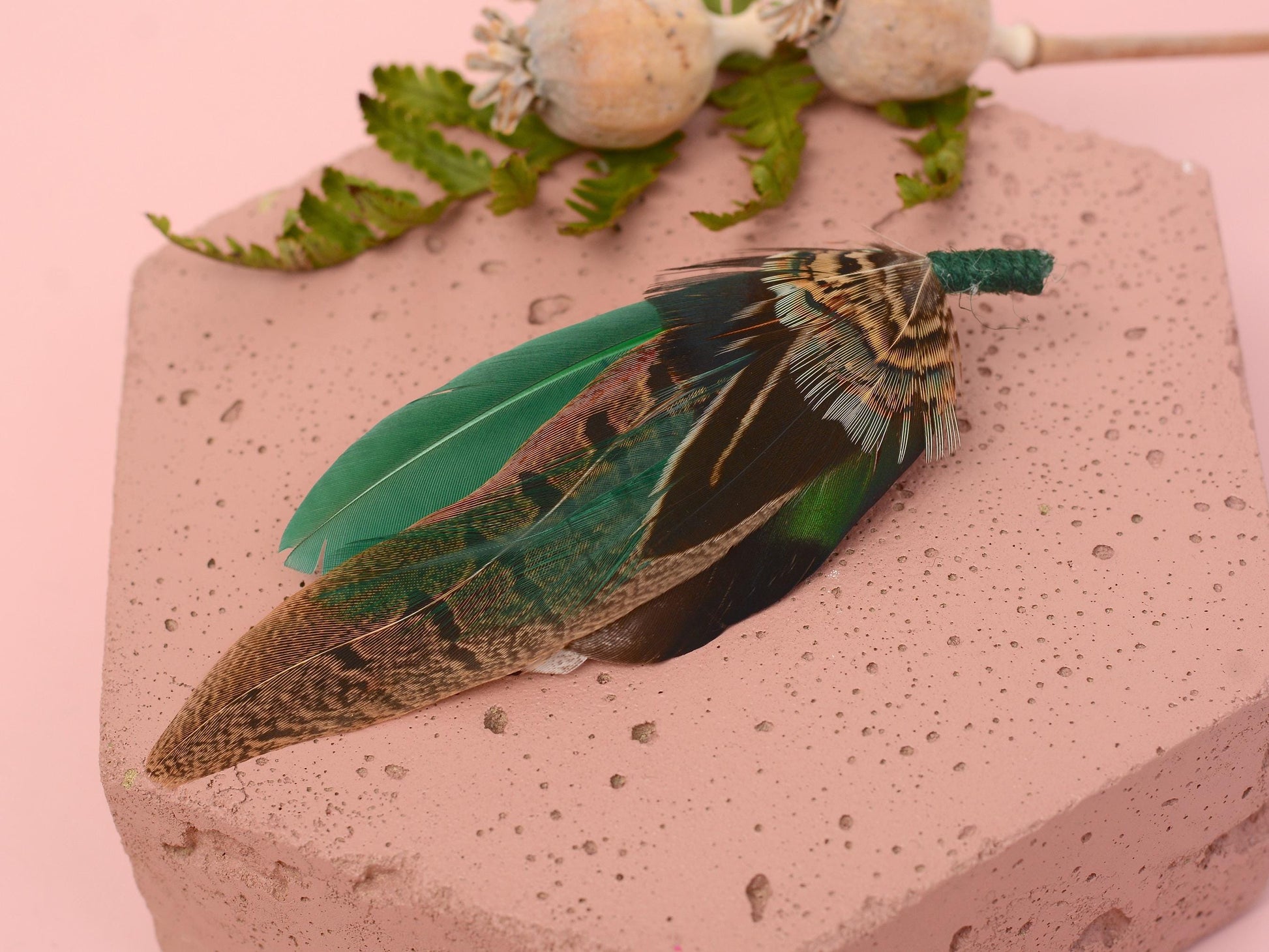 Pheasant and Duck Green Feather Lapel Pin / Hat Pin No.232 | Unique Duck Feather Boutonniere | Duck Feather Brooch