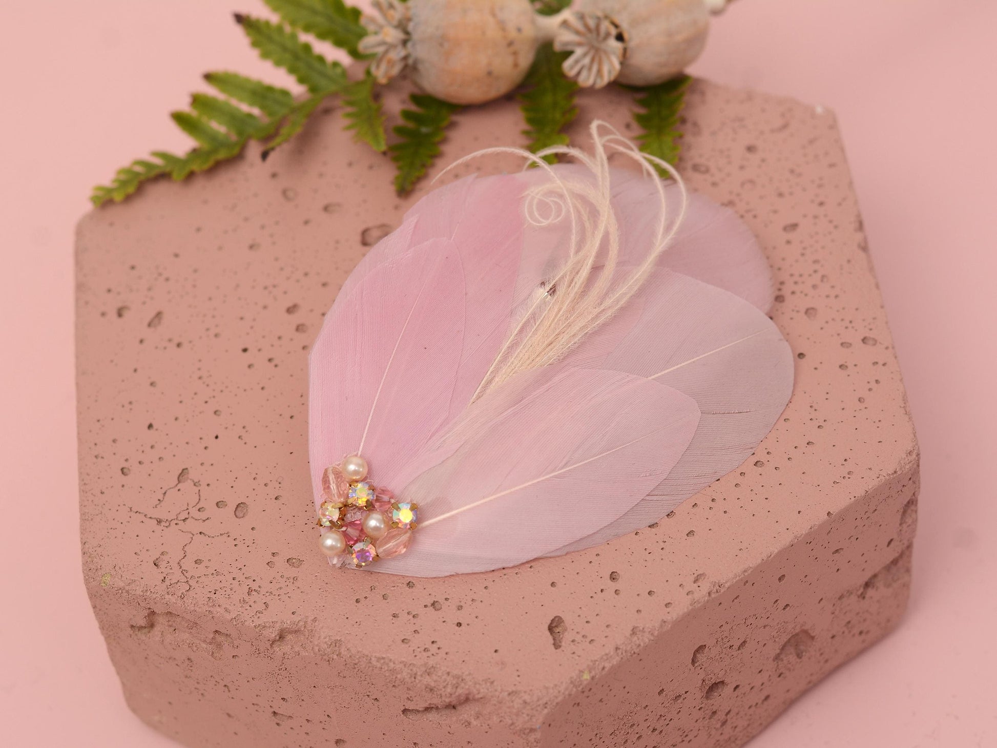 Blush Pink Vintage Style Feather Hair Clip in with Crystals and Pearls | Pink Feather Fascinator | Pink Feather Headpiece | Bridal Hair Clip