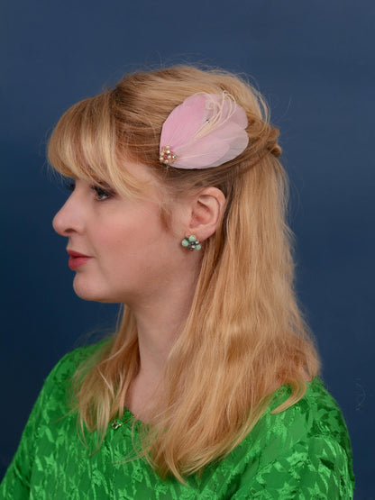 Blush Pink Vintage Style Feather Hair Clip in with Crystals and Pearls | Pink Feather Fascinator | Pink Feather Headpiece | Bridal Hair Clip