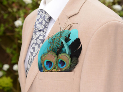 Teal and Green Peacock Feather Pocket Square No.209 | Suit Accessory | Feather Neck Tie | Grooms Outfit | Groomsmen Gift | Wedding