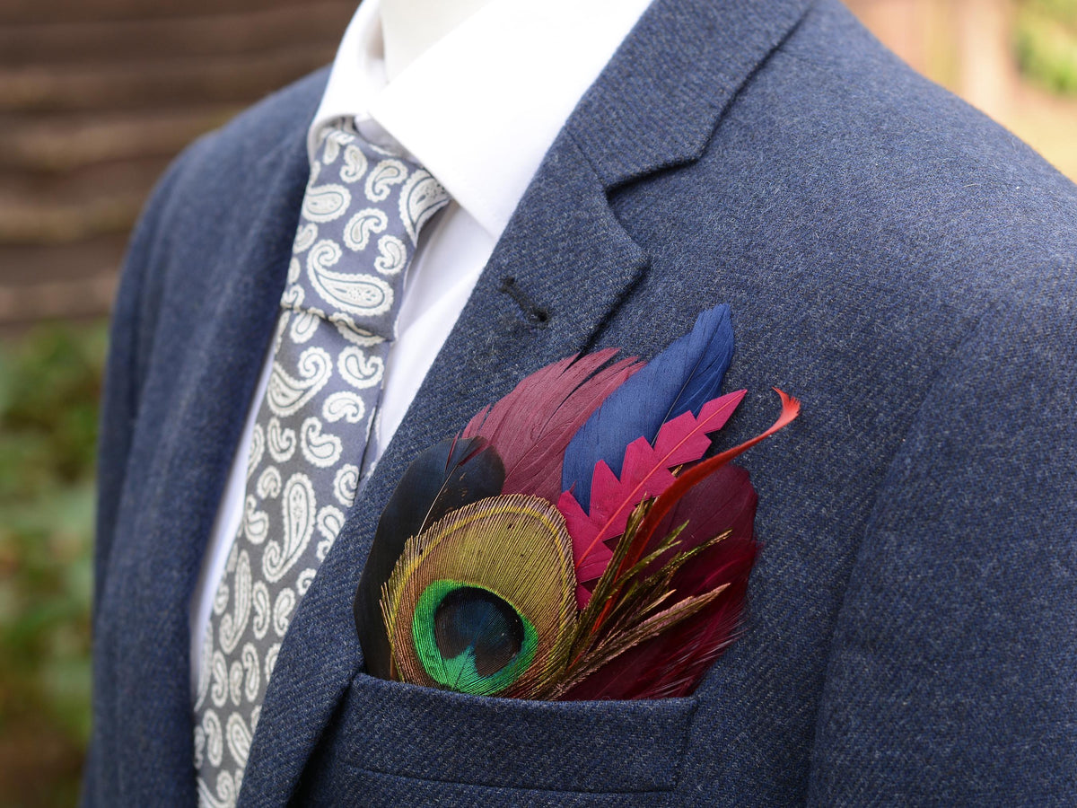 Plum, Navy and Peacock Feather Pocket Square No.178 | Suit Accessory | Feather Neck Tie | Grooms Outfit | Groomsmen | Wedding