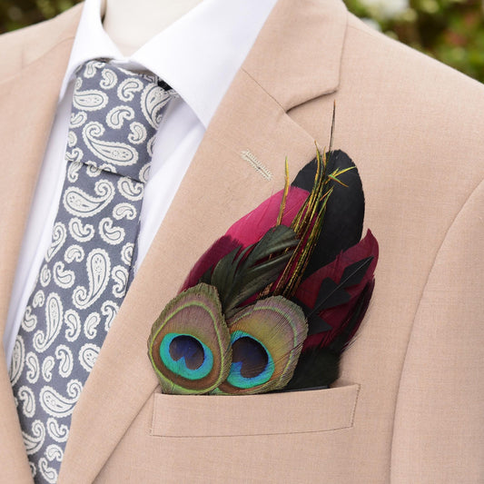 Burgundy Purple, Black and Peacock Eye Feather Pocket Square No.231 | Suit Accessory | Feather Neck Tie | Grooms Outfit | Groomsmen Gift