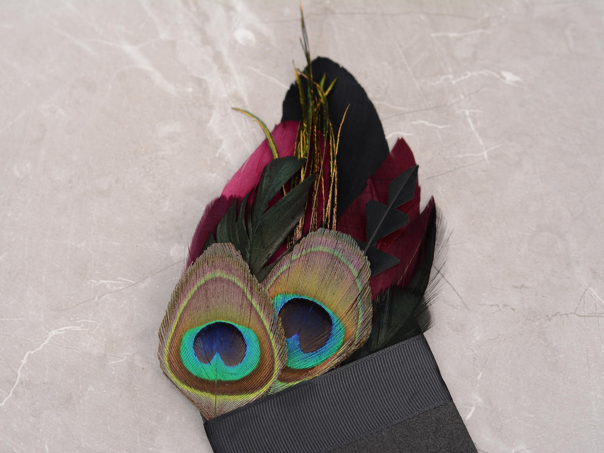Burgundy Purple, Black and Peacock Eye Feather Pocket Square No.231 | Suit Accessory | Feather Neck Tie | Grooms Outfit | Groomsmen Gift