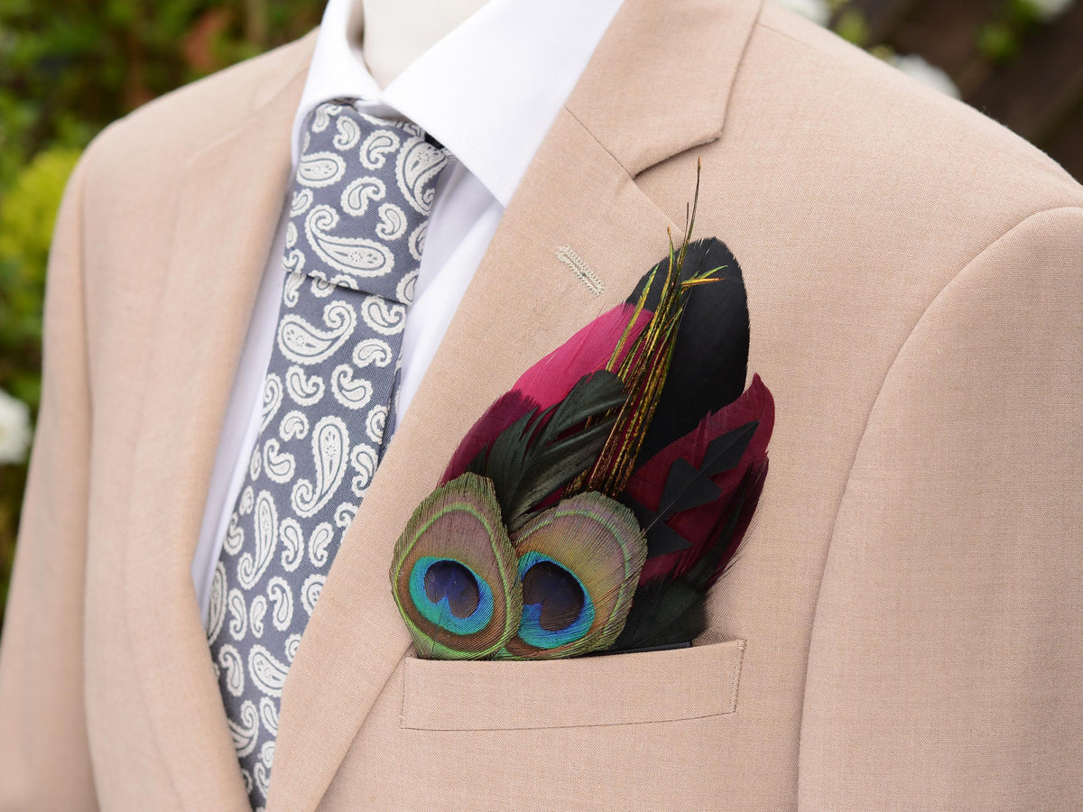 Burgundy Purple, Black and Peacock Eye Feather Pocket Square No.231 | Suit Accessory | Feather Neck Tie | Grooms Outfit | Groomsmen Gift