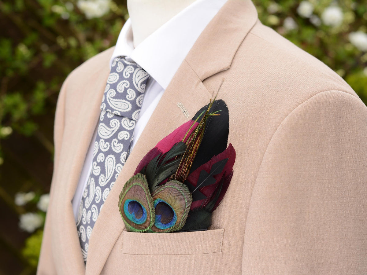 Burgundy Purple, Black and Peacock Eye Feather Pocket Square No.231 | Suit Accessory | Feather Neck Tie | Grooms Outfit | Groomsmen Gift