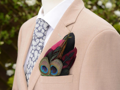 Burgundy Purple, Black and Peacock Eye Feather Pocket Square No.231 | Suit Accessory | Feather Neck Tie | Grooms Outfit | Groomsmen Gift